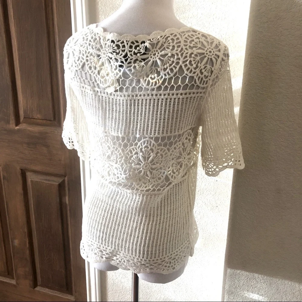 Anthropologie Crochet Top Open Knit Lacey XS Beachy James Coviello Off White NEW